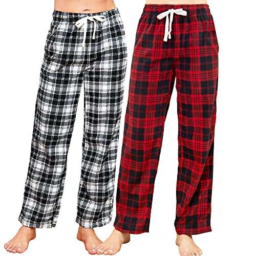 Produktbild: u2skiin pyjamahose damen lang kariert fleece schlafanzughose mit taschen, rot schwarz, weiß schwarz, m