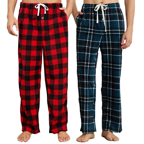 Produktbild: pyjamahose herren lang kariert fleeceschlafhose u2skiin mit taschen xl, büffel karo rot, marineblau grün