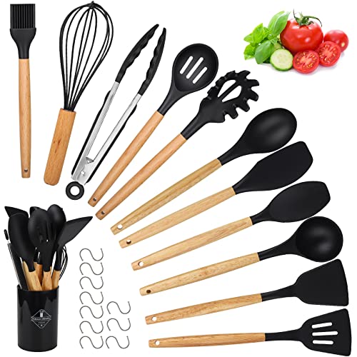hicoosee küchenutensilien set 22-teilig mit haken, bpa-frei, holzgriff, schwarz