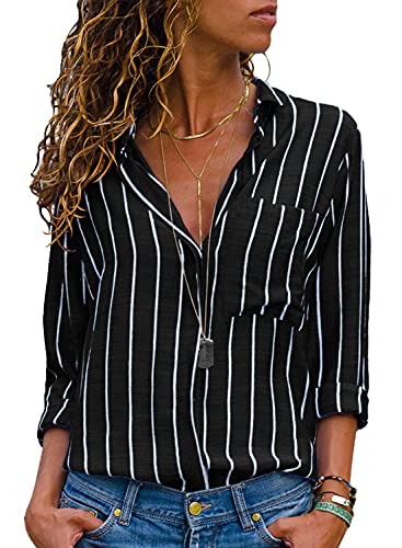 Produktbild: livonmone damen bluse schwarz langarm v-ausschnitt chiffon streifen elegant lose