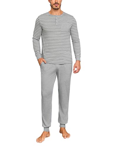 leversic pyjamaset herren lang shirt mit tasche aus baumwolle farbblockstreifen 721-hellgrau m