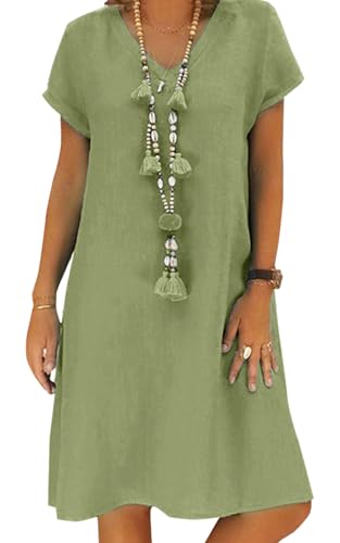 Tincini Damen Leinen Sommerkleid V-Ausschnitt Kurzarm A-Linie Midikleid Strandkleid