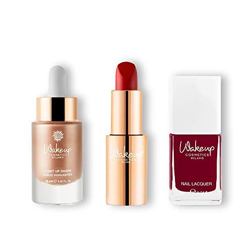 wakeup cosmetics 3-teiliges produkt-kit mit illuminator, lipstick, nagellack