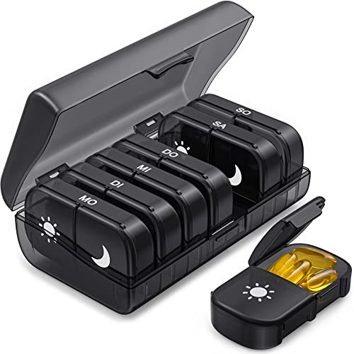 AUVON tablettenbox für 7 tage morgens abends, pillendose schwarz mit großen fächern