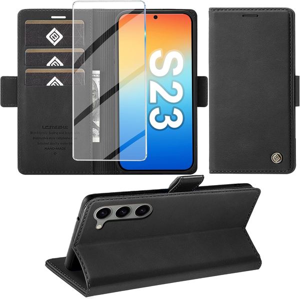 Giyer Samsung Galaxy S23 5G Hülle mit Standfunktion, Kartenfach, Leder Flip Case schwarz