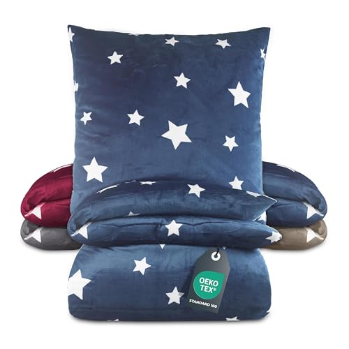 baSaTex winter plüsch bettwäsche set 135x200 blau teddy cashmere-touch 80x80 kissen