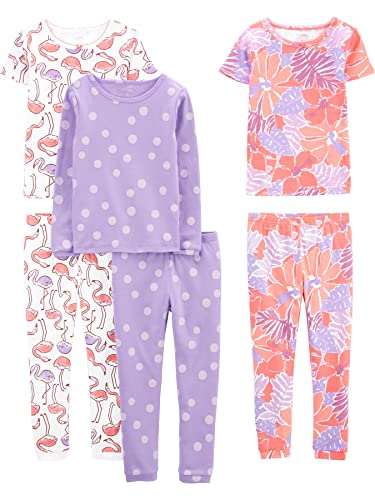 Simple Joys by Carter's Mädchen 6-teiliges Pyjamaset, Baumwolle, lila Punkte/Flamingo/Floral, 12 Monate