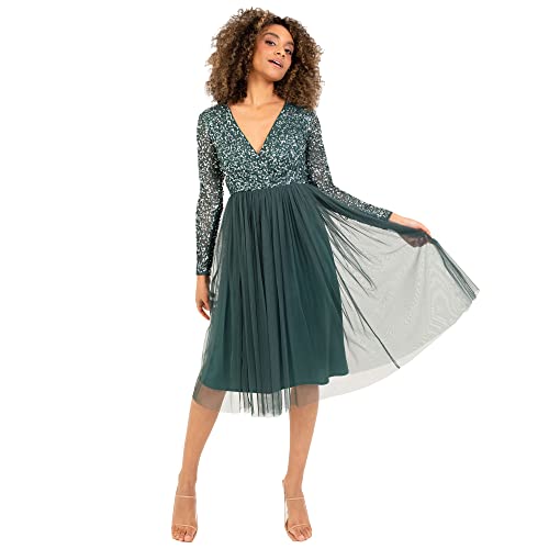 maya deluxe damen brautjungfernkleid, midi jurk, lange mouwen, emerald green, 36 eu