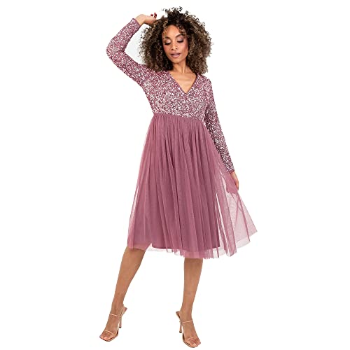 Produktbild: maya deluxe damen midi kleid brautjungfernkleid lange mouwen sequin desert rose 40 eu
