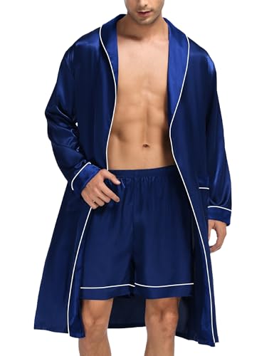 swomog herren satin kimono bademantel mit shorts set leichte nachtwäsche spa