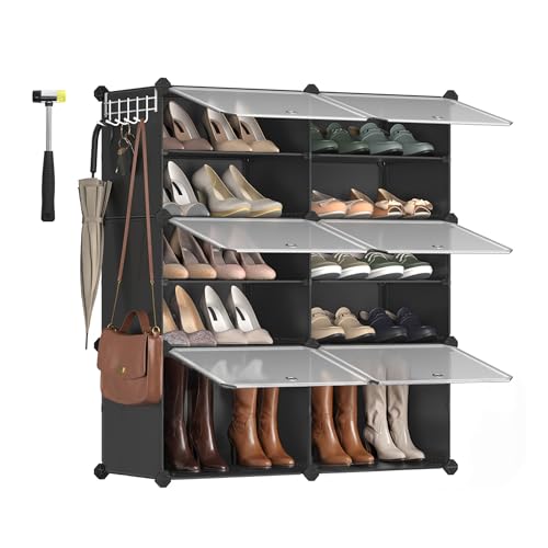 schuhregal schwarz songmics mit 6 fächern und türen, 30 x 40 x 30 cm, stahlrahmen
