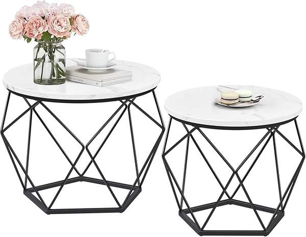 Produktbild: VASAGLE Couchtisch rund 2er Set, Beistelltisch modern, abnehmbare Platte, marmorweiß-schwarz