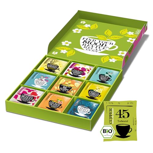 cupper bio tee geschenkset mit 9 sorten, bunte teebox mit kräuter- und früchte-tees