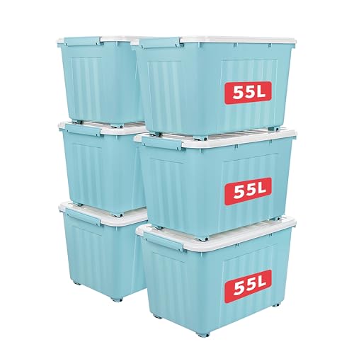 Aufbewahrungsboxen 55 Liter, 6 Stück, Kunststoff, mit Rollen und Deckeln, stapelbar