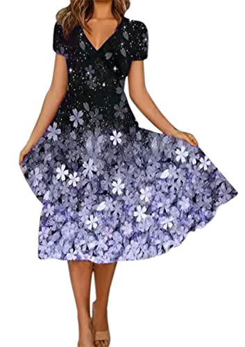 sommerkleid damen kurzarm v-ausschnitt blumendruck a-linie midikleid violett, m