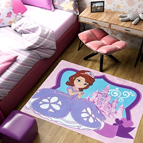 sofia the first spielteppich 133x95 cm rosa, rutschfester teppich kinderzimmer, mevsim store