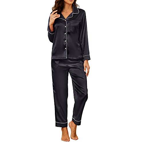 u2skiin satin pyjama damen lang, seiden schlafanzug mit knopfleiste schwarz L