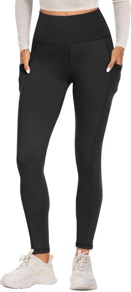 Sport Leggings Damen High Waist mit Tasche Blickdicht Yoga Laufhose Schwarz L-XL