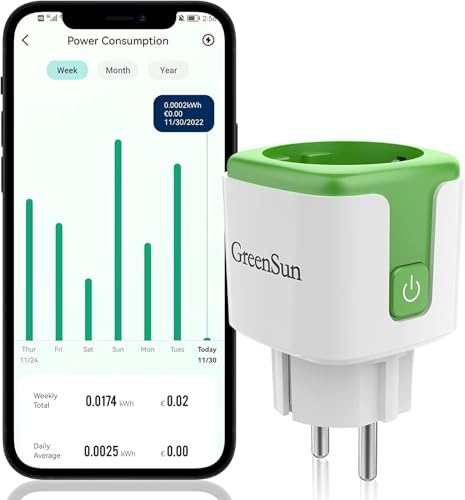 GreenSun WLAN Steckdose Smart Plug mit Strommessung, Sprachsteuerung, Zeitschaltuhr, 16A, Wifi Smart Plug