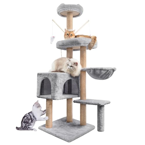 kratzbaum katzen 145 cm mit sisal umwickelt, höhle, plattformen, hellgrau, homidec
