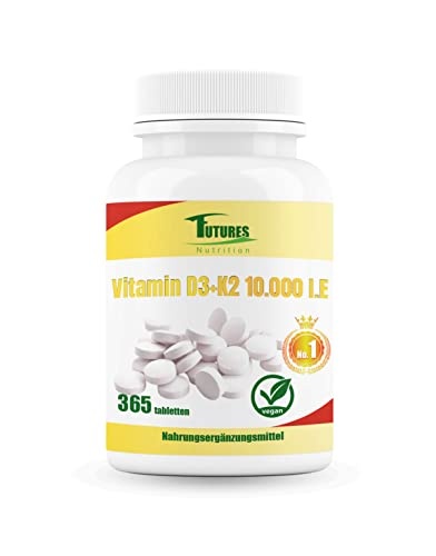 FUTURES NUTRITION 10000 IU Vitamin D3 K2 hochdosiert, vegan, rein, 180 Tabletten, nur 1 Tablette alle 10 Tage