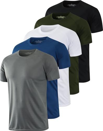 hoplynn kurzarm laufshirt herren atmungsaktiv schnelltrocknend sportshirt 5er set weiß schwarz grau navy grün - L