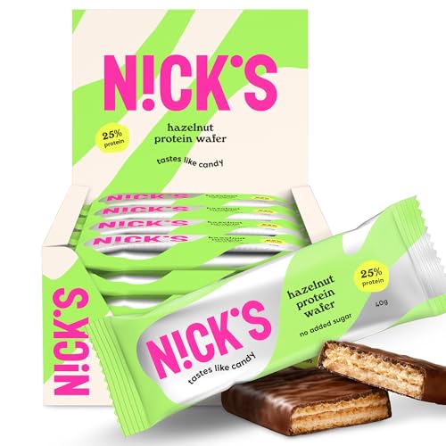 nicks protein wafer riegel haselnuss, 25% eiweiß, 203 kalorien, low carb, glutenfrei, 24 x 40g