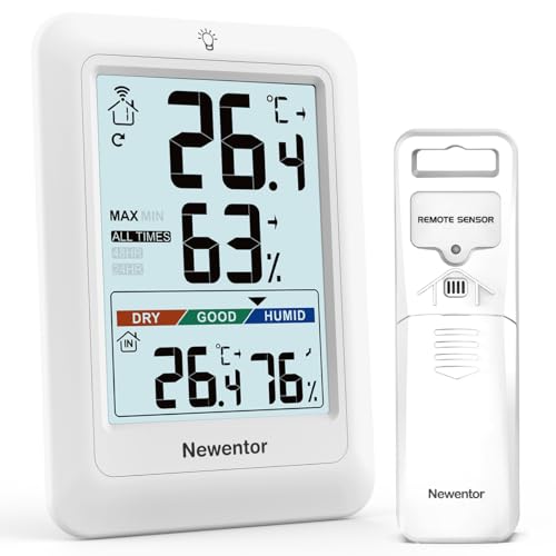 newentor thermometer innen außen mit hygrometer und aussensensor, weiß