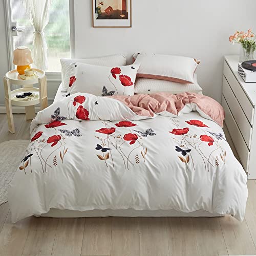 Produktbild: Luofanfei Bettwäsche Set 135x200cm Blumen Schmetterling Rot Weiß Altrosa Microfaser