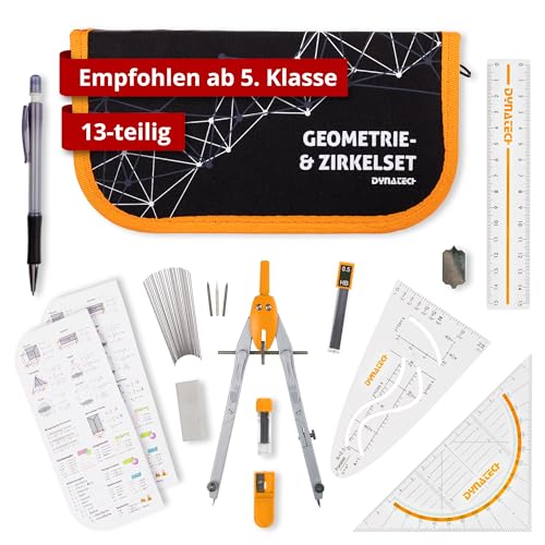 dynaTech geometrieset 13-teilig mit schnellverstellzirkel, geodreieck, etui orange