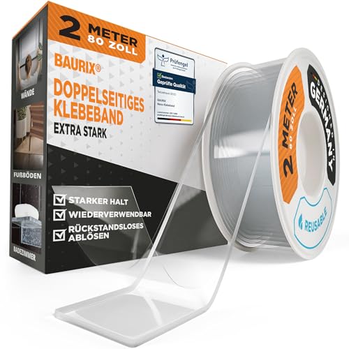 BAURIX Nano Tape Doppelseitig 2m  Starkes Klebeband für Wand, Teppich, Deko