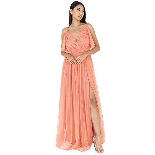 damen maxi dress mit kurzem ärmel v-ausschnitt empire taillierung coral pink, anaya with love, 38