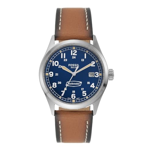 fossil defender herrenuhr, solarmodell mit drei zeigern und armband aus edelstahl oder leder