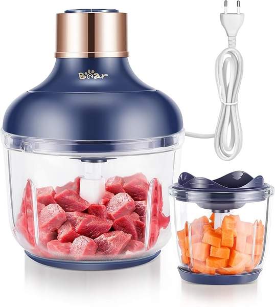 Bear Zerkleinerer 0.6L+2L elektrisch, 4 Edelstahlklingen, Häcksler für Fleisch, Obst, Gemüse
