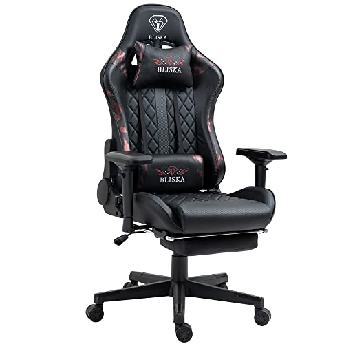 Produktbild: gaming chair mit fußstütze, ergonomische 4d armlehnen, schwarzes/militär-pink