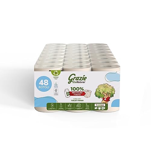 Grazie Natural Toilettenpapier, 48 Rollen, 400 Blatt, 100% recyceltes Papier, FSC
