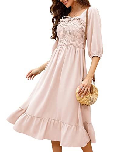 kojooin damen sommerkleid 3/4 ärmel a-linie lange mittellänge freizeitkleid aprikose xl