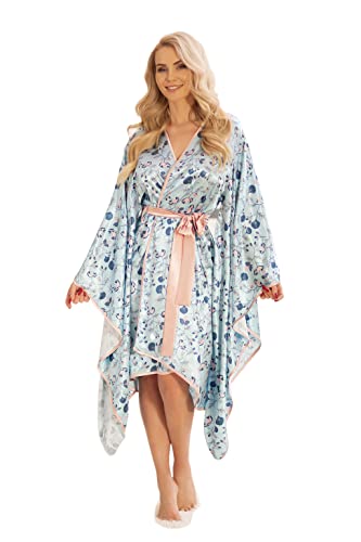 kalimo damen morgenmantel langarm blau gr. l polyester elasthan satin bathrobe