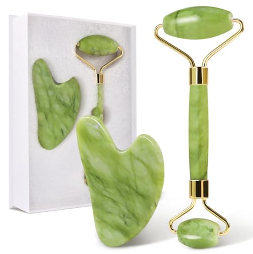gugug gua sha stein und jade roller set für gesichtsmassage - augenringe reduzieren, grün