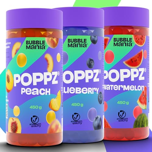 bubble tea perlen 3er pack von bubblemania poppz, wassermelone, pfirsich, blaubeere