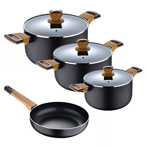 bergner earth black 7er-set aluminium kochgeschirr induktion antihaft mit holzgriffen