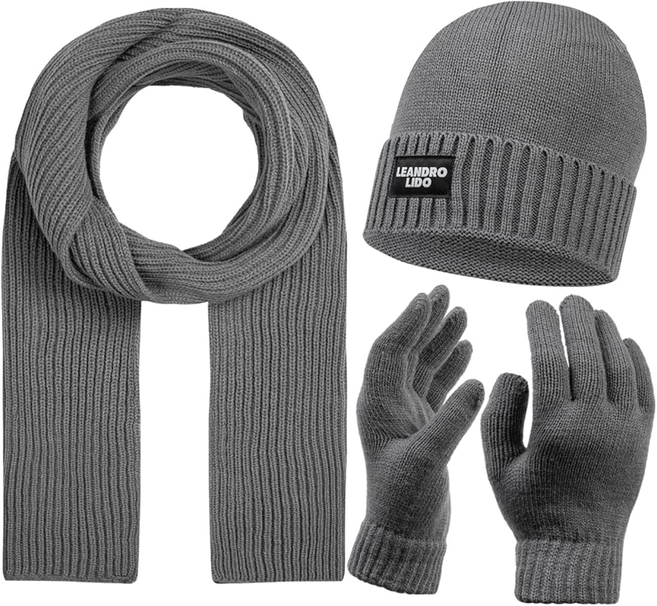 leandro lido winter-set 3-teilig männer mütze handschuhe schal schwarz grau blau