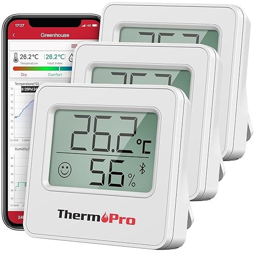 thermopro tp357-3 bluetooth hygrometer set, 3 digitale raumthermometer, 80m, app