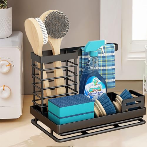 coitrozr sink organiser schwarz, edelstahl mit geschirrtuchhalter, schwammhalter