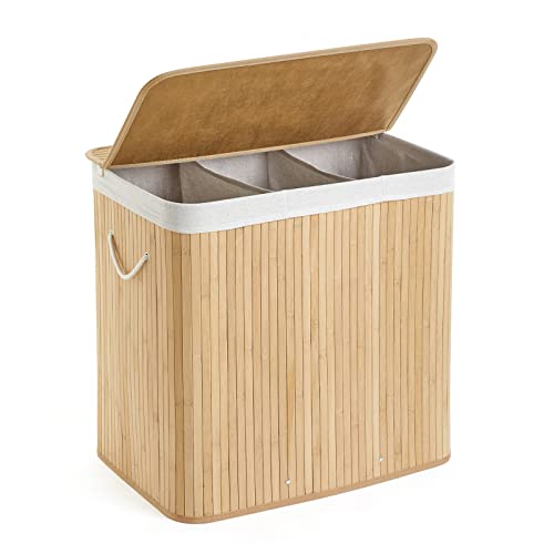 Bambus Wäschekorb mit Deckel, 150L, 3 Fächer, waschbares Futter, 61.5 x 40 x 60 cm