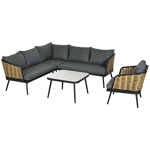 outsunny rattan gartenmöbel-set 5 tlg mit kissen, sofa, tisch, balkonmöbel sand