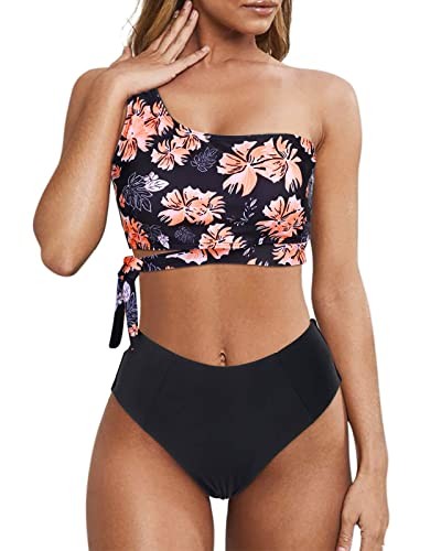 Damen High Waist Bikini Set Zweiteiliger Badeanzug EIN Schulter Schwimmanzug