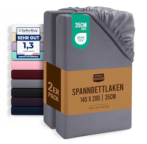 2er Set Spannbettlaken 140x200cm Grau - Oeko-Tex Mikrofaser 35 cm Tasche