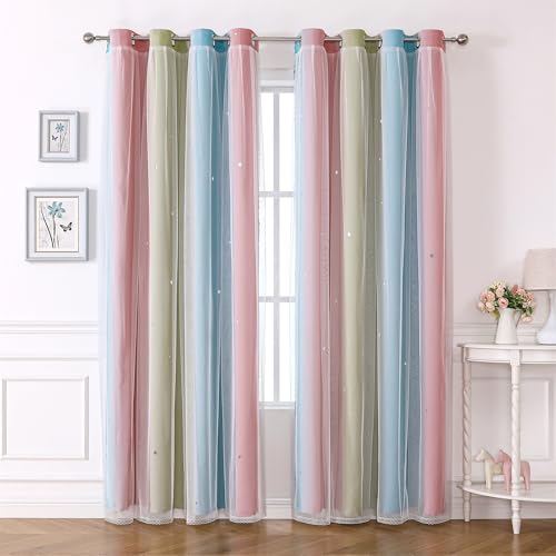 Freyamy gardinen rosa grün weiß vorhänge blickdicht kinderzimmer 2er set ösen 160x132 cm