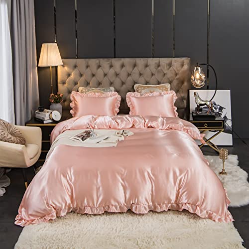 Freyamy satin bettwäsche 220x240 rosa seide glanzsatin 1 bettbezug 2 kissenbezüge 80x80 rüschen